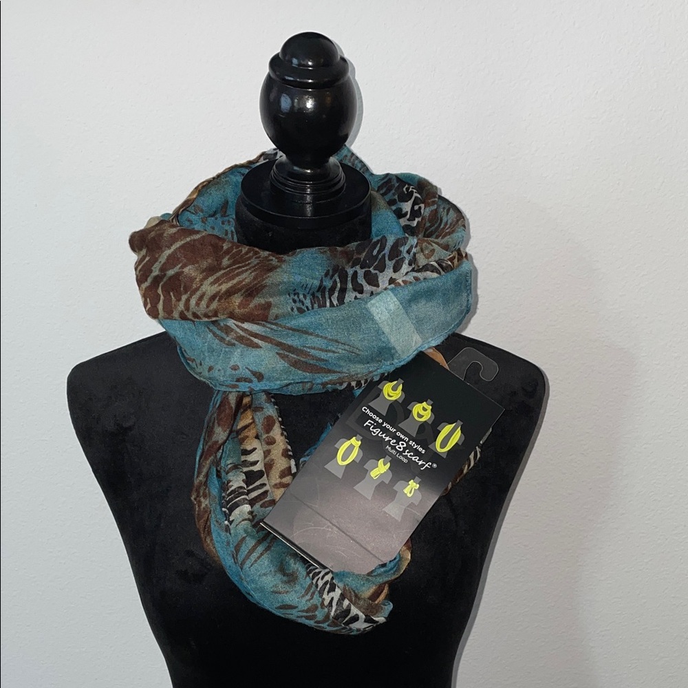 D&Y Teal and Brown Animal Print Figure 8 Scarf